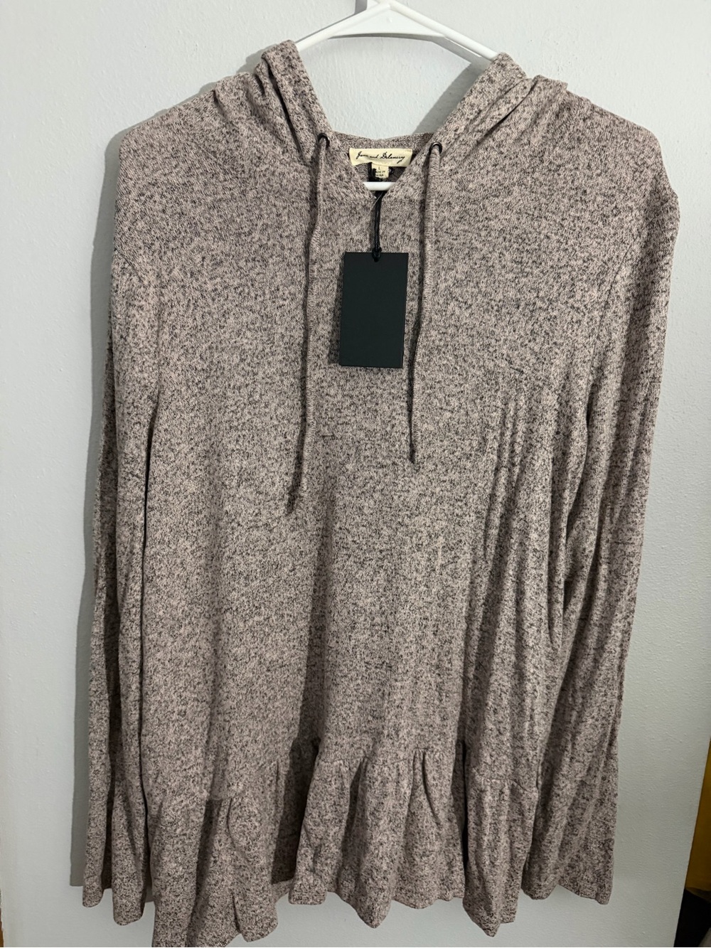 Jane and Delancey Heathered Mauve Hooded Ruffle-Hem Sweater